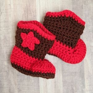 Texas Crochet Baby Booties Cowboy Boots Maroon and Red Handmade